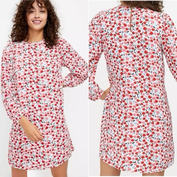 Loft Dress Womens Small White Red Cherry Print Long Sleeve Lined Shift Mini - Picture 1 of 11
